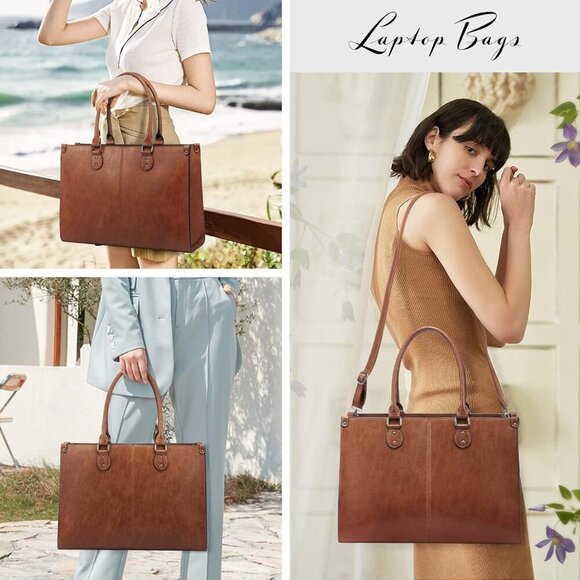 Women's Brown 15.6 inch vintage vegan leather and high-density Tote Bag - Picture 6 of 8